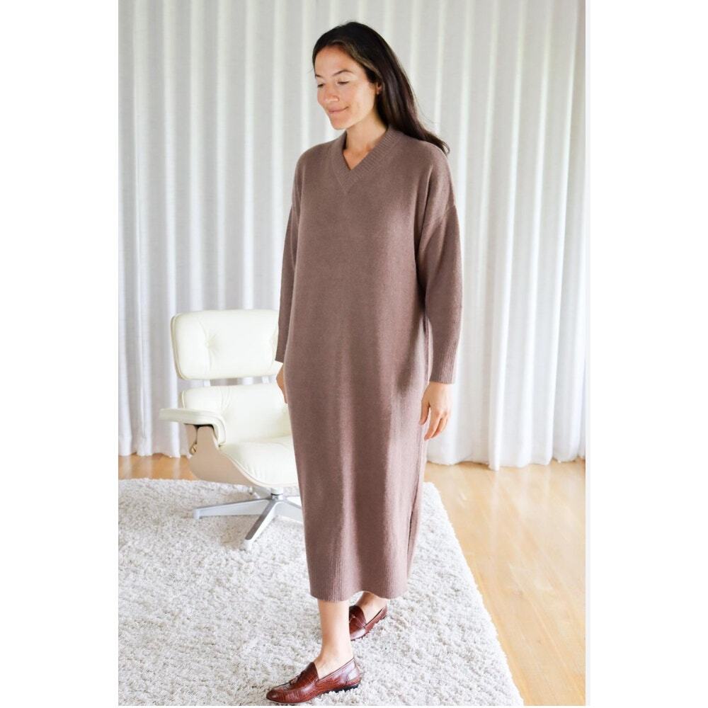 Monica Cordera Baby Alpaca V-Neck Dress in Cognac Womans One Size